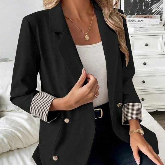 Elegant Black Women's Plaid Sleeve Trim Blazer - Picture 4 of 4